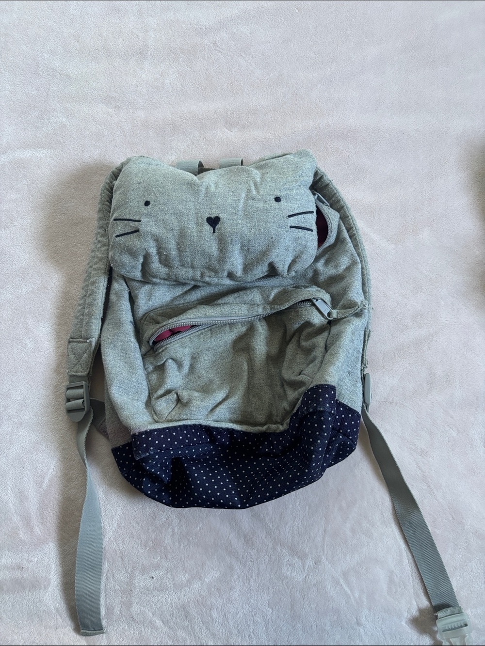 Gray Cat Face Backpack with Navy Polka Dot Base